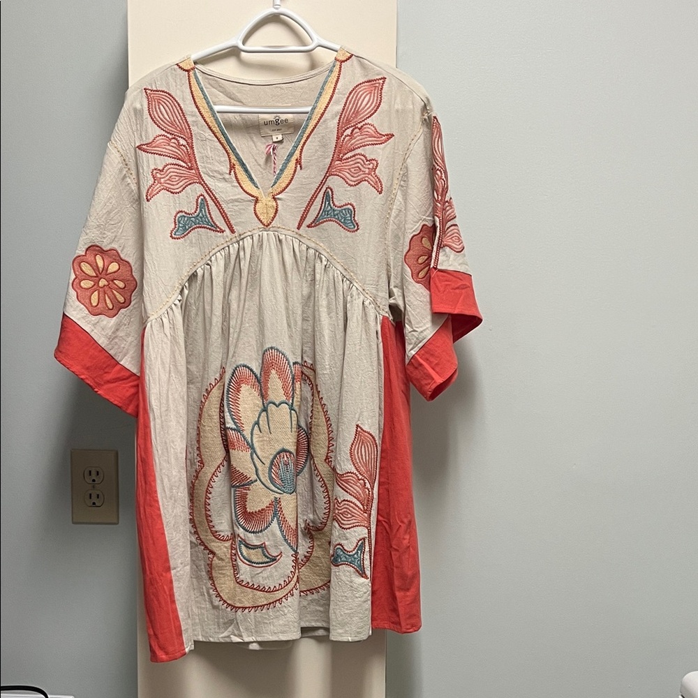 Umgee Cream dress  with Coral Embroidery and Blue Accents